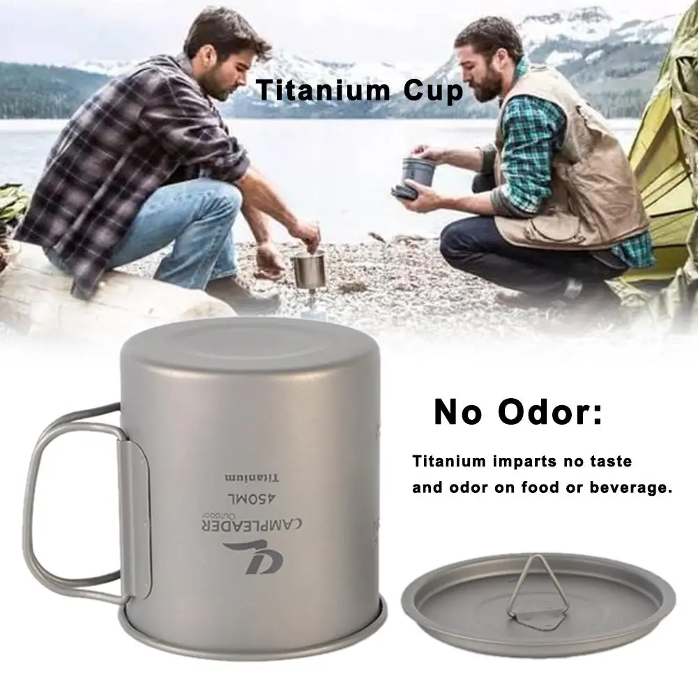 450ML Outdoor Portable Water Cup Tea Coffee Mug Folding Handle Drinking Cup Pure Titanium Water Cup With Lid For Camping Hiking