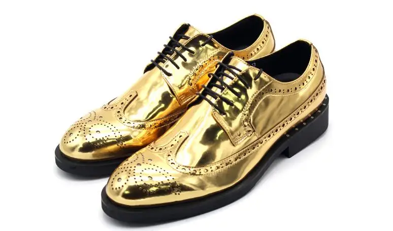 

New genuine leather fashion handmade carved brogue shoes for men lace up classics gold wedding dress men shoes