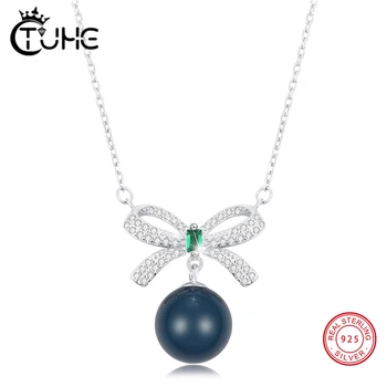 

Exquisite Real 925 Sterling Silver Bow-knot With Round Ceramic Pendant Neckalce For Women Elegant Fashion Design Jewelry Gifts