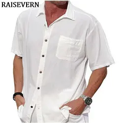 2019 мужские рубашки на пуговицах с коротким рукавом, повседневная приталенная уличная рубашка с карманом, мужские льняные топы, большие