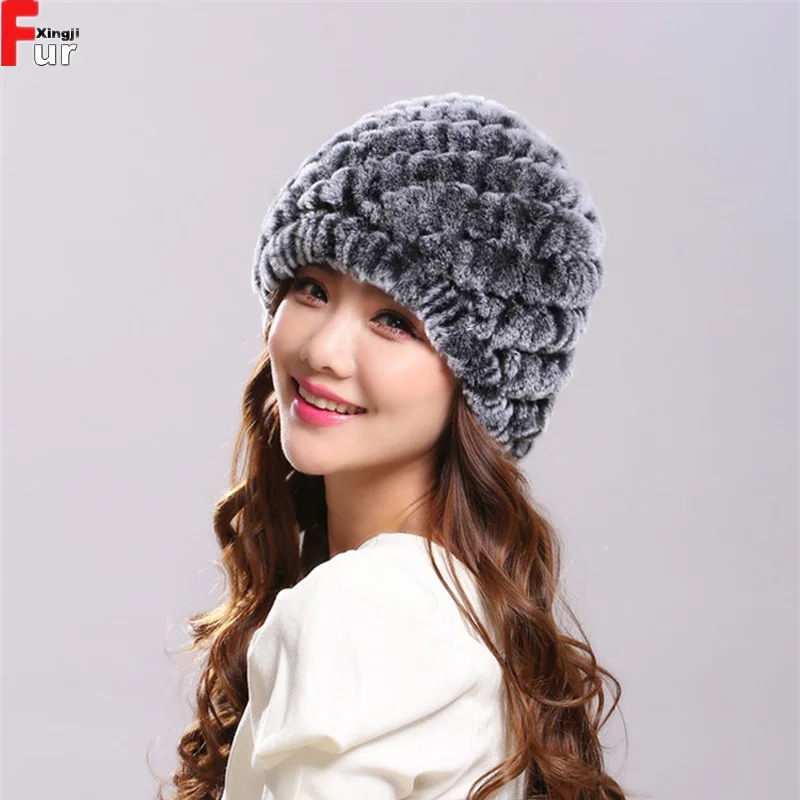 Зимняя теплая шапка женская вязаная шапка из кроличьего меха - Цвет: grey