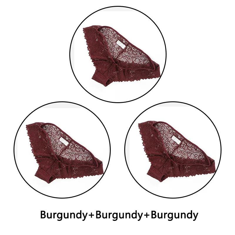 3 шт соблазнительные женские трусики нижнее белье, кружевные трусики женское белье с низкой посадкой бесшовные трусики открытый прозрачный нижнее белье леди - Цвет: Burgundy X 3