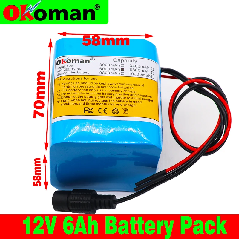 Okoman аккумулятор большой емкости 12V 6000mAh 18650 литий-ионный 6Ah DC12.6V портативный |