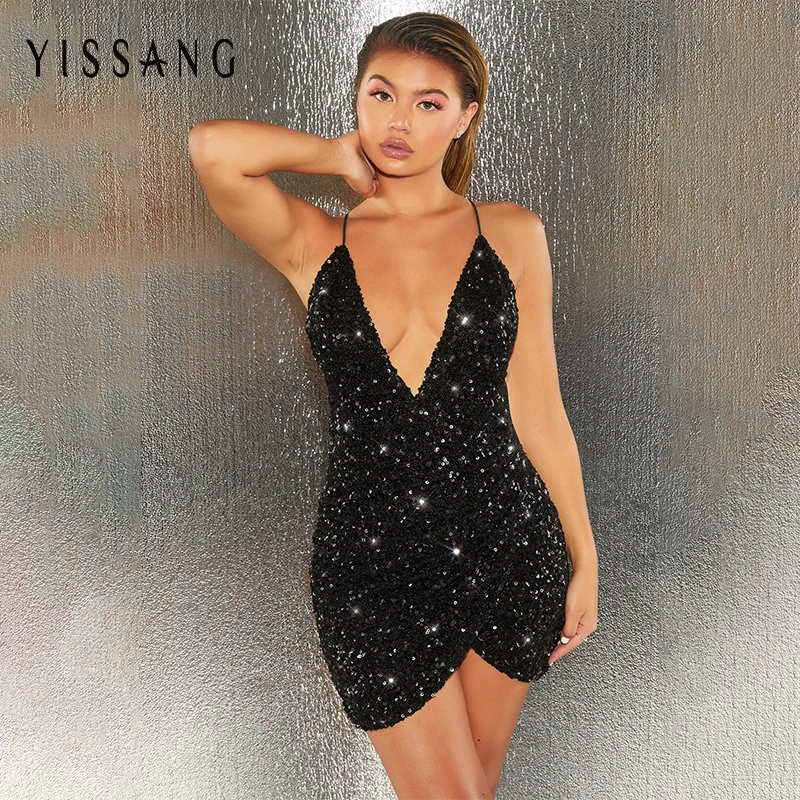 Yissang/Клубные вечерние платья с блестками; Летнее мини-платье на бретелях с открытой спиной и глубоким v-образным вырезом; обтягивающие соблазнительные платья Vestidos