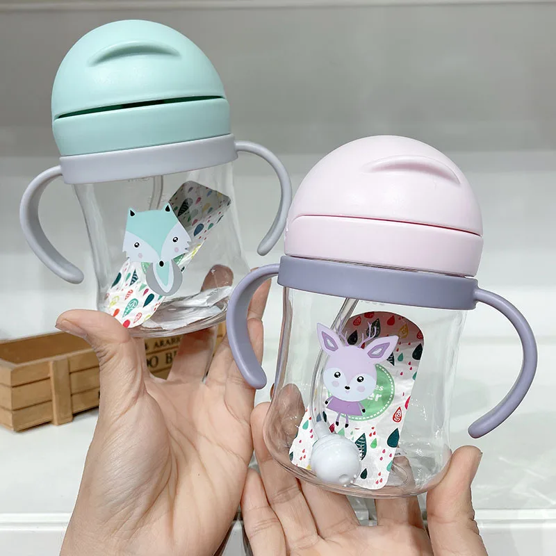 250ML Cartoon Pattern Outdoor Child Drinking Bottle with straw baby feeding cup for kids training portable handle water bottle drinking cup drinking water bottle