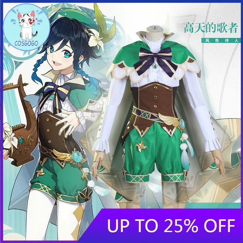 

[Customize]Anime Genshin Impact Venti Game Suit Green Lovely Uniform With Cloak Hat Cosplay Costume Halloween Outfit For Women G