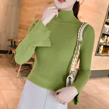 

Autumn And Winter New Korean Semi-High Collar Trumpet Sleeves Temperament Wild Knit Sweater Women Y1