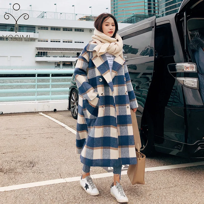 

YOSIMI Women Wool Coat 2019 Autumn Winter Plaid Long Woolen Full Sleeve Turn-down Collar Plus Large Size Loose Women Coat Blue