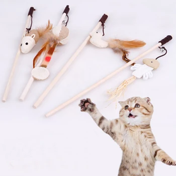 

40cm Cat Interactive Toys Feather Linen Wand Cat Catcher Teaser Stick Pet Cat Teaser Toys Wood Rod Mouse Toy With Mini Bell