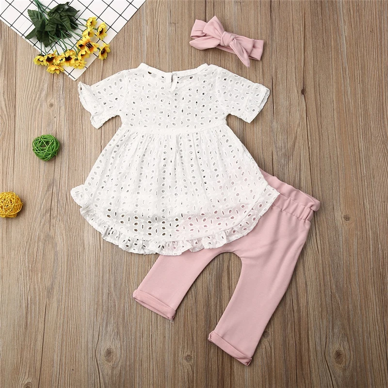 Милые кружевные комплекты одежды с цветочным рисунком для маленьких девочек комплект одежды из 3 предметов для новорожденных девочек, топы с высокой талией и штаны