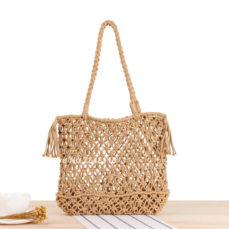 

shoulder woven bag tide female forest straw handbag hand-made cotton rope net bag beach tote