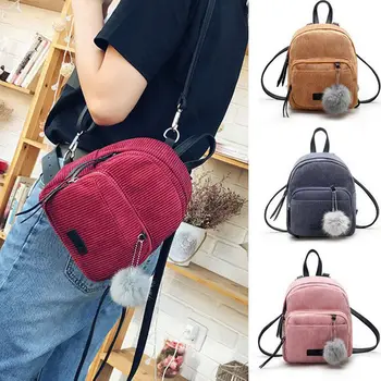 

Fashion Mini Backpack Women Girls Corduroy Travel School Bookbag Backpacks Schoolbag Rucksack with Furry Ball