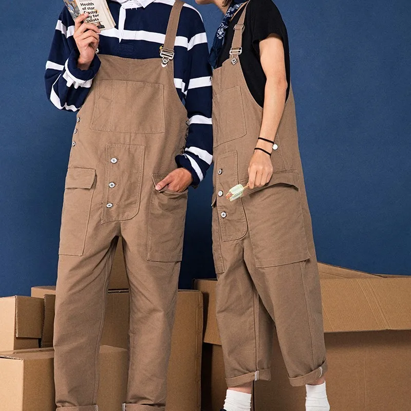 

Harajuku Men Safari Style Cargo Pants Unisex Pockets Loose Hip Hop Suspender Overalls Streetwear Retro Cotton Straight Jumpsuits