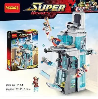 Skup 7114 511 sztuk Avenger Marvel superbohaterowie IronMan atak na Avenger wieża cegła Model klocki do budowy copatible Legoing City 76038
