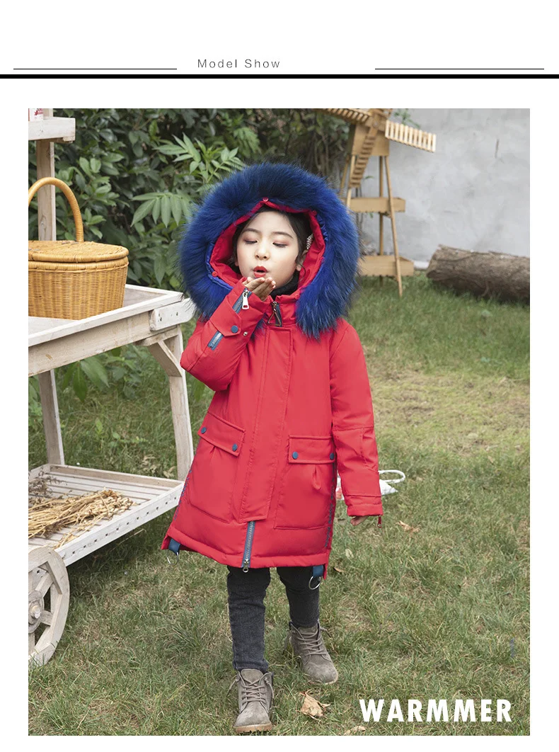 Зимняя куртка для девочек, длинное зимнее пальто с капюшоном и натуральным мехом для девочек, детское пуховое пальто, RT616