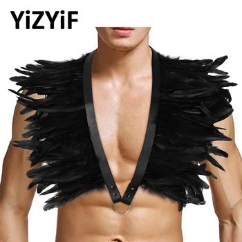 

Gothic Punk Feather Shawl Natural Real Feather Harness Shrug Cape Shawl Epaulette with Leather Strap Halloween Costume for Men