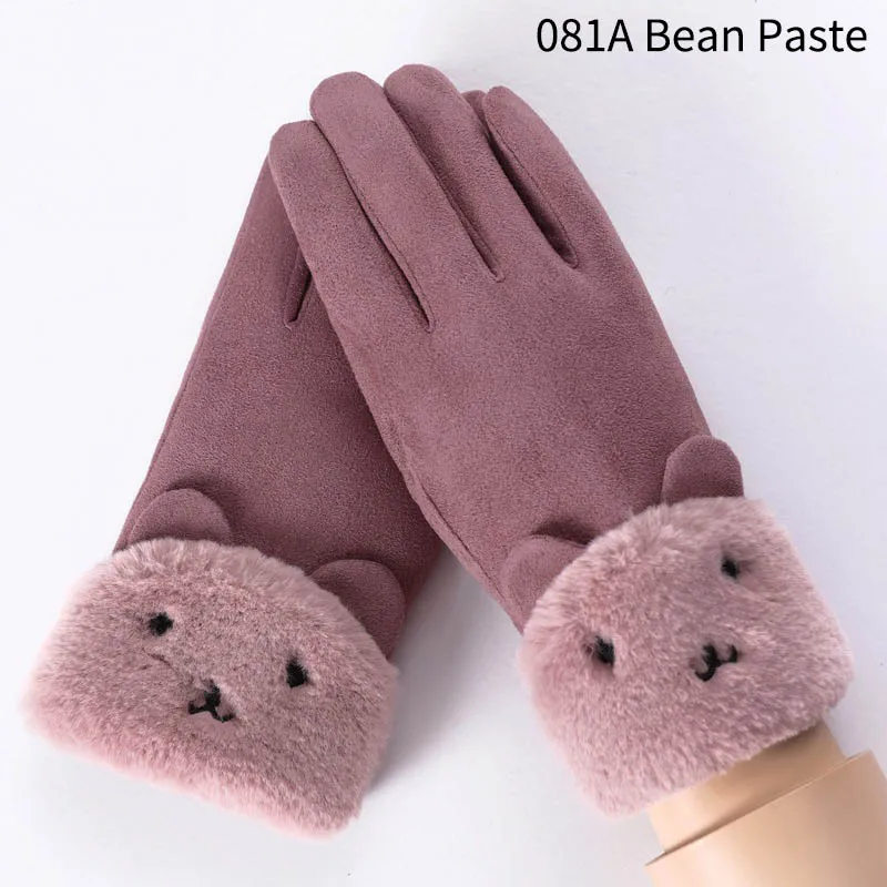 Милые зимние теплые женские перчатки с вышивкой в виде кота и снежинки, двухслойные бархатные толстые женские перчатки митенки, подарок - Цвет: 081A Bean Paste