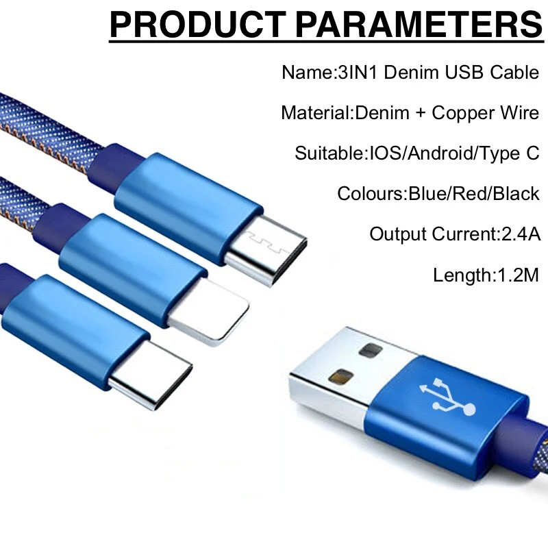 3 в 1 джинсовый микро usb зарядный кабель для samsung 2.4A быстрое зарядное устройство для huawei Xiaomi LG кабель для передачи данных для мобильного телефона для синхронизации iphone