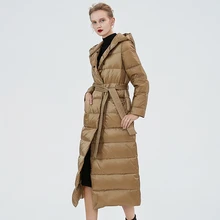 Высококачественный Женский пуховик с капюшоном, длинное Свободное пальто выше колена, зима, новая Толстая теплая парка с поясом на талии P118