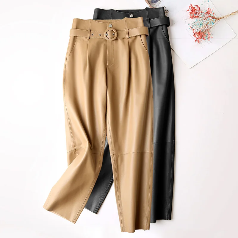 

Autumn Women's High quality Sheepskin Real leather pants New Designer Genuine leather Belt high-rise pants C578