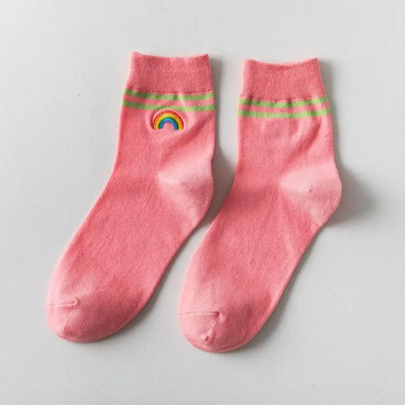 5 Pairs Women Cotton Crew Socks Double Stripes Rainbow Bridge Embroidery Hosiery 95AB