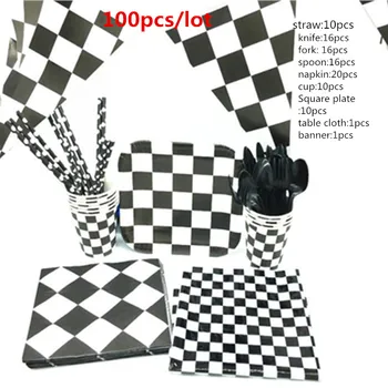 

100pcs/lot Racing Flag party tableware set Racing Flag theme straws plates cups napkins tablecloths Racing car party decorations