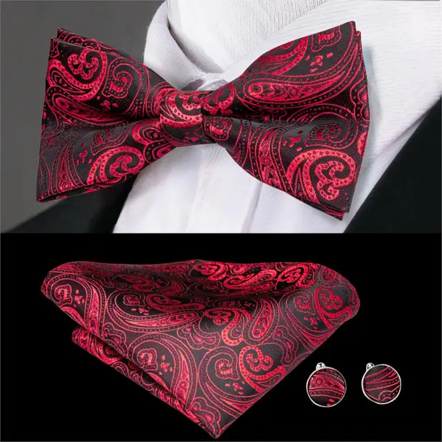 Hi-Tie Classic Black Bow Ties for Men 100% Silk Butterfly Pre-Tied Bow Tie Pocket Square Cufflinks Suit Set Floral Gold Bowties LH-789