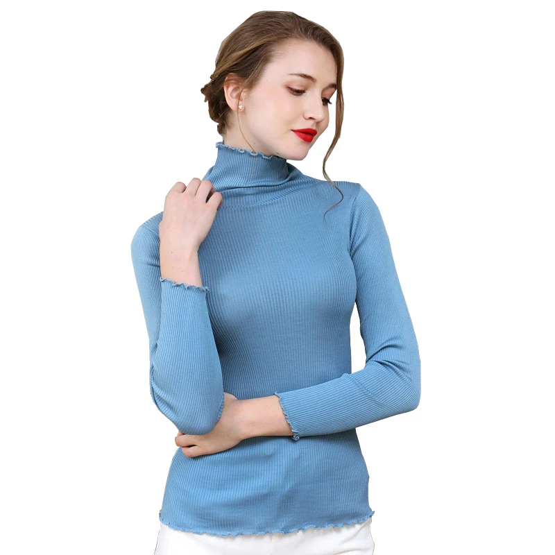 Sweater Women pullovers 80% Natural Silk 20% Cotton turtleneck Rib knits shirt long sleeved sweater Fall winter tops jumper