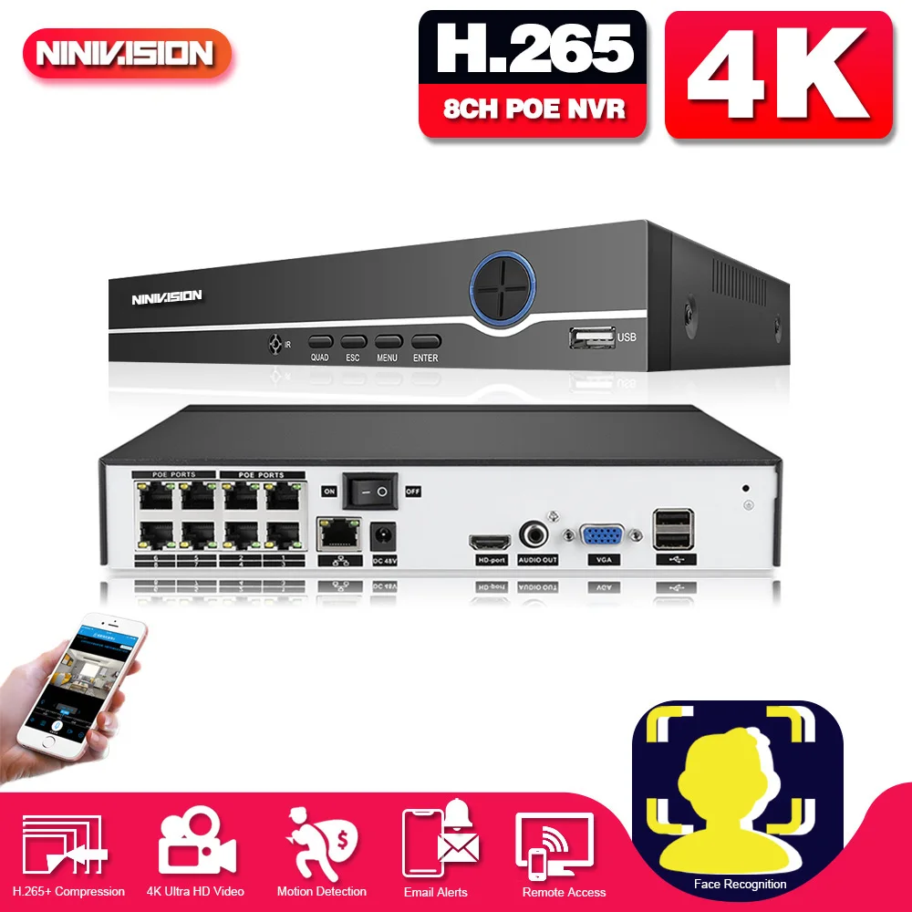 NIVISION 8CH 4K POE NVR Face Recognition CCTV Network Video Recorder Support Detection H.265 for IP Camera Security System | Безопасность