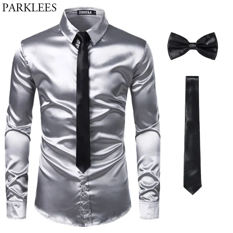 Черные мужские шелковые рубашки 3 шт.(рубашка+ галстук-бабочка) гладкая атласная рубашка мужская облегающая Повседневная рубашка для выпускного вечера - Цвет: sliver black