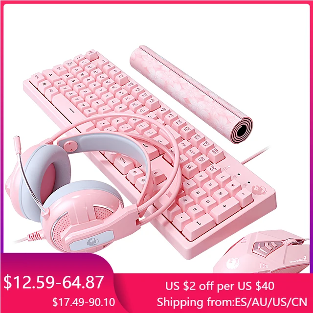 Juego de teclado y ratón para Gaming, conjunto de auriculares mecánicos, bonito Teclado mecánico rosa, 3200 DPI, ratón óptico para PC 1