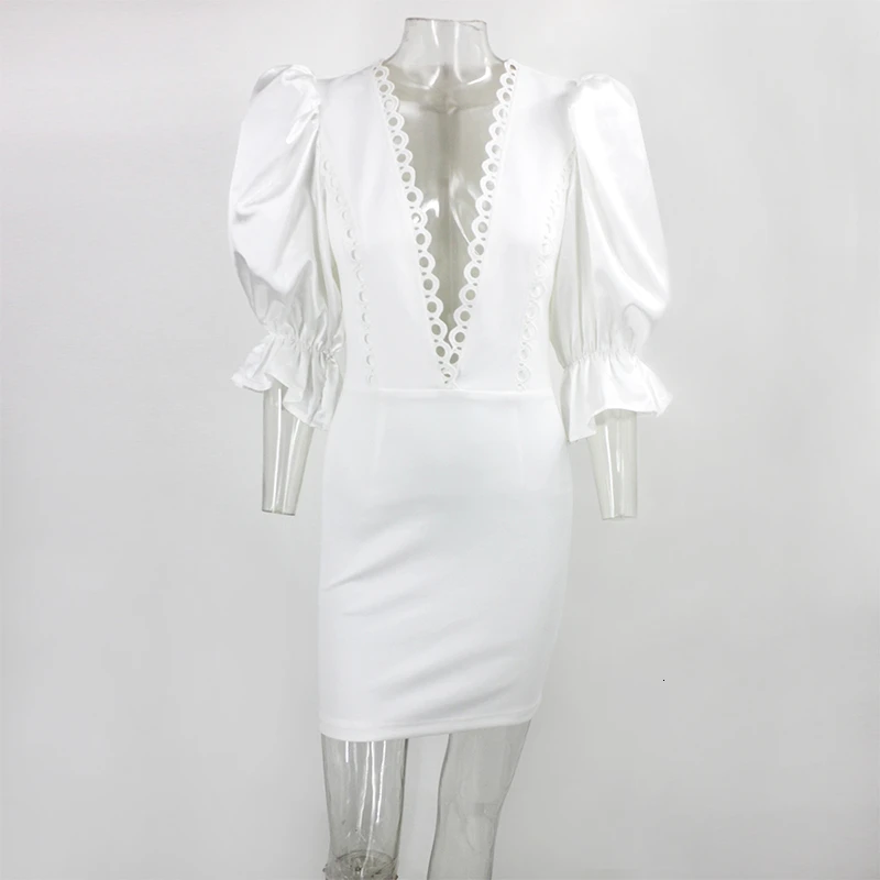 Yissang осеннее женское мини-платье белое с глубоким v-образным вырезом с длинным пышным рукавом вечерние сексуальные женские мини-платья Vestido