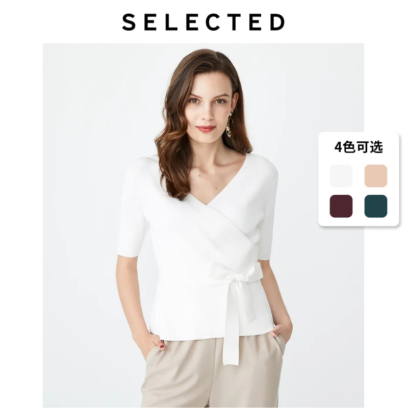 SELECTED Women's Slim Fit V-neckline Lace-up Short-sleeved Knit S|419324507 | Женская одежда
