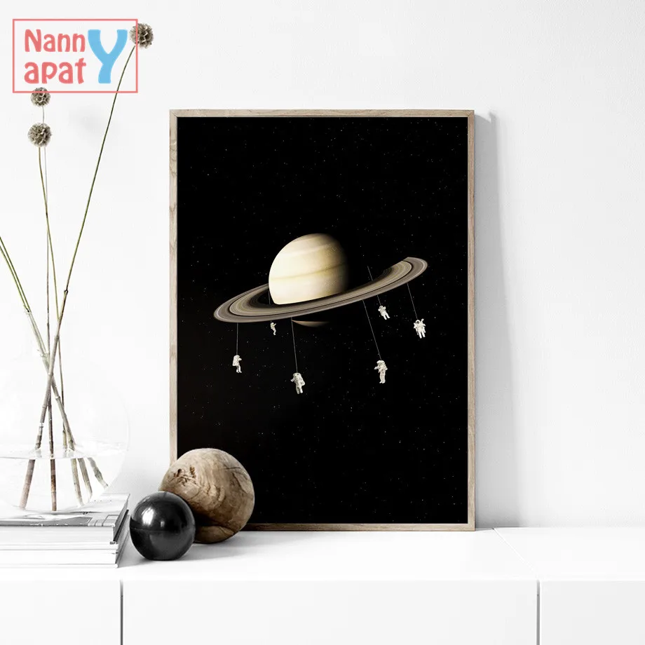 Surrealism Wall Art Canvas Painting Earth Moon Saturn Planet Star