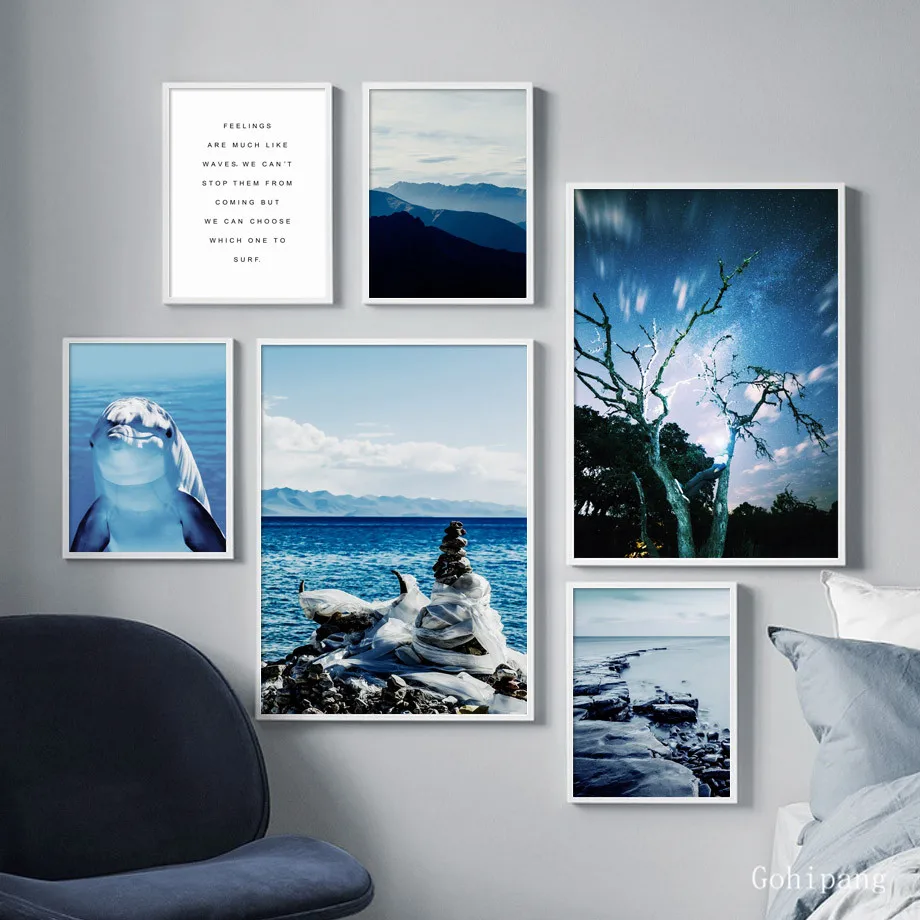 Dolphin Sea Beach Mountain Tree Landscape Wall Art Canvas Painting Nordic Posters And Prints Pictures For Living Room Decor | Дом и сад