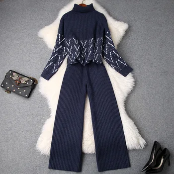 

2019 Winter Turtle Neck Pullovers Loose Knitting Sweater + Wide-leg Knit Pants Women 2pcs Casual Suit Black Blue