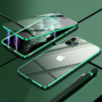 Магнитный металлический чехол для телефона iPhone 7 8 X XS MAX XR 6 6S Plus металлический бампер из закаленного стекла 360 Полное покрытие защита экрана - Цвет: Green