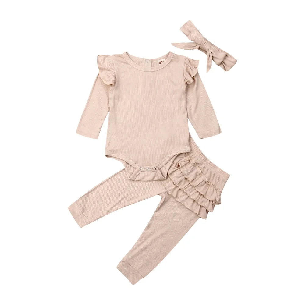 Комплект одежды из 3 предметов для новорожденных девочек однотонный трикотажный комбинезон с длинными рукавами, топ, длинные штаны с оборками штаны и повязка на голову комплект из 3 предметов - Цвет: A