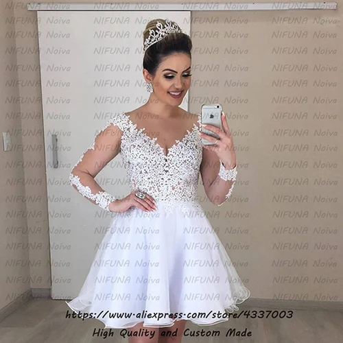 White Color Skin Net Vestido de novia 2 en 1 сексуальное свадебное платье из двух частей es, халат с длинными рукавами, элегантное кружевное свадебное платье 2 в 1, Casamento - Цвет: White Color Skin Net