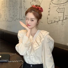 Korean Style 2020 Spring Summer New Blouse Sweet Lace Patchwork V-Neck Design Shirt Blusas Cute Puff Sleeve Loose Student Shirt