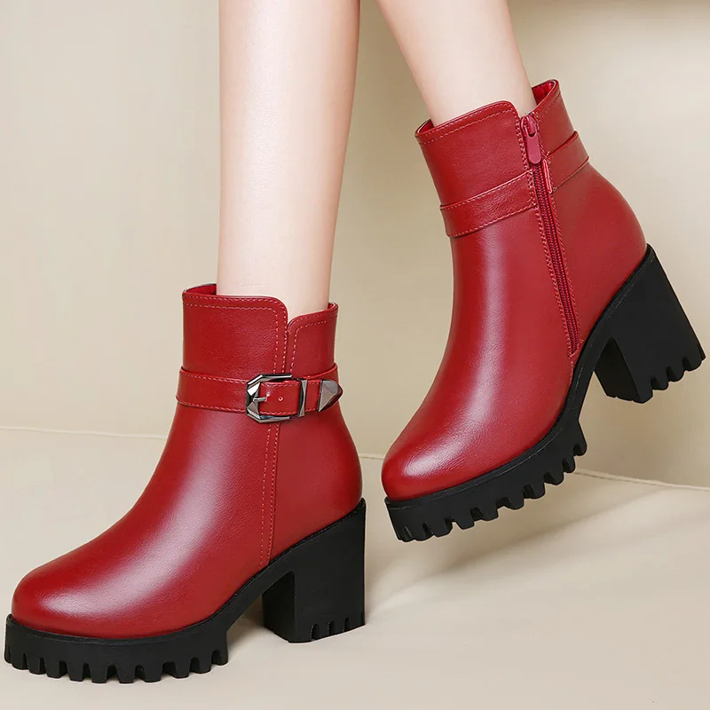

Moolecole Ultra-Chunky-Heel Martin Boots Belt Buckle Short Boots Waterproof Platform Winter plus Velvet Warm High-Heel Boots 6d6