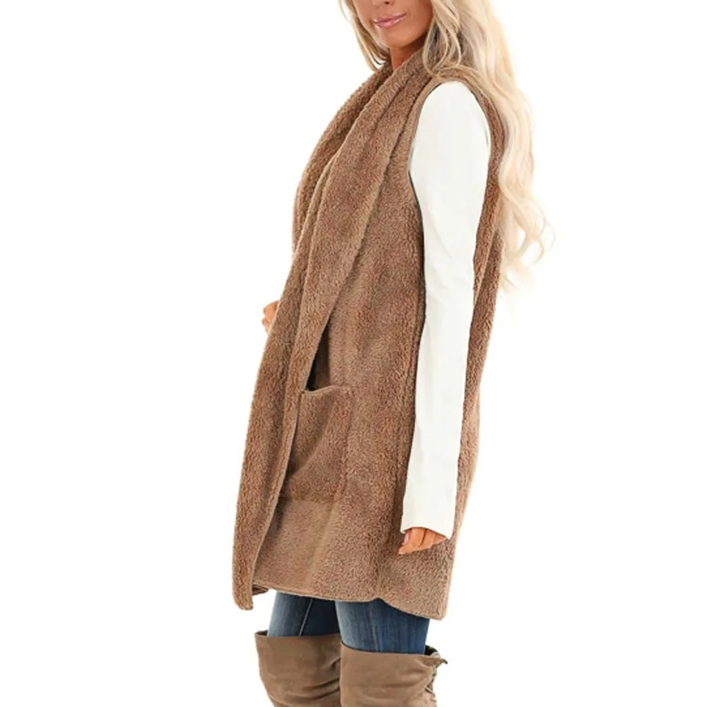 2019 модное пальто из искусственного меха зимний теплый жилет без рукавов длинное