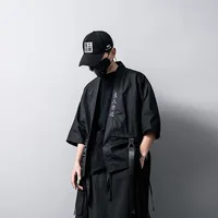Buy Explore the Latest 2023 Men's Autumn Fashion with Harajuku's Open Stitch Kimono Jackets – Perfect for Hip Hop Enthusiasts. Discover Thin Coats with Ribbon Accents in Streetwear Styles, Ideal for Those Looking for a Stylish and Comfortable Men's Loose Jacket Online - Image 4