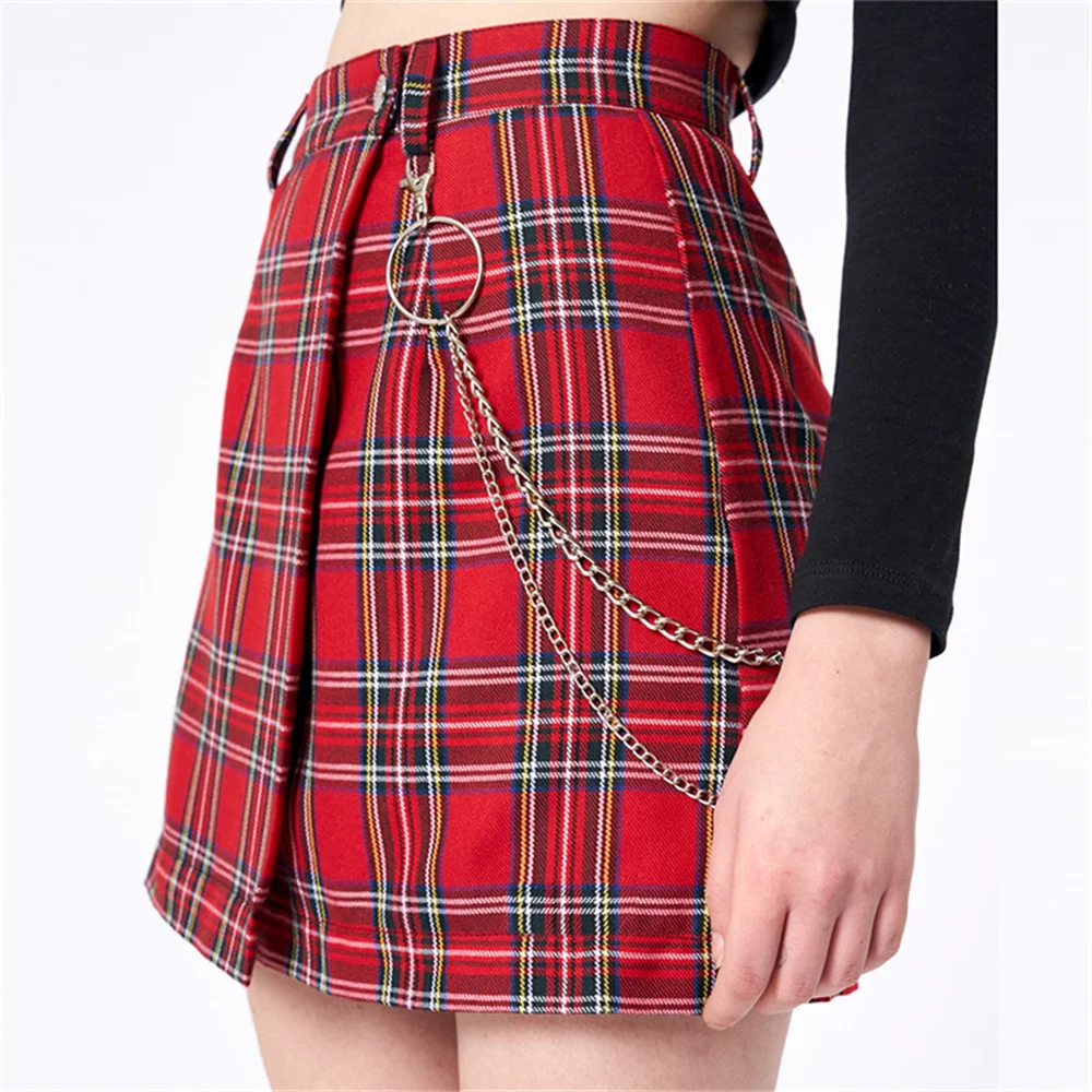 

Three Ratels Summer Fashion High Waist Plaid A-line Skirt Lady Club Party Metal Charm Young Mini Hip Skirt Casual Streetwear