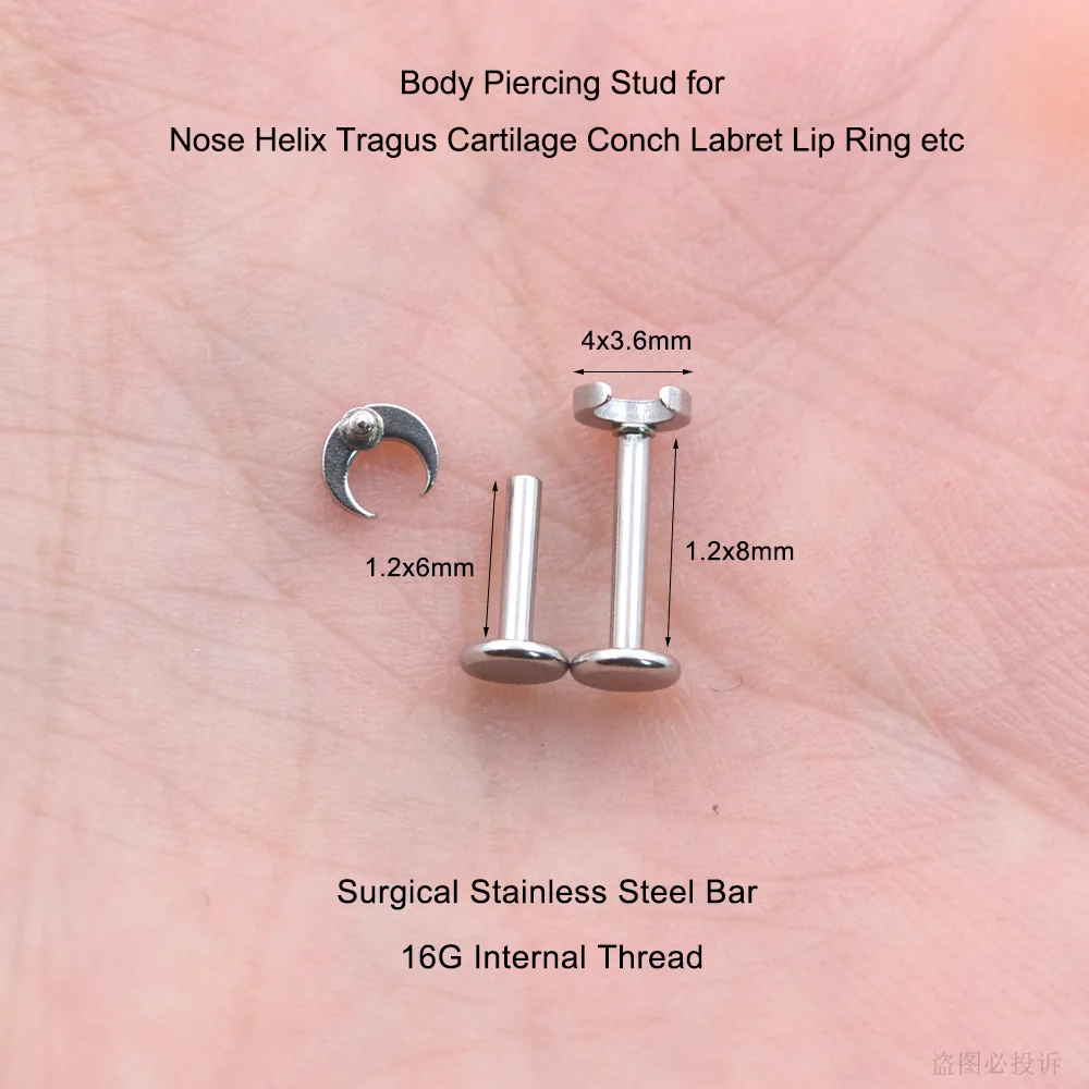 2Pcs 16G 6/8mm Bar 4mm Mini Cute Moon Ear Piercing Helix Nose Stud