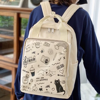 

Women Student Kawaii Backpack Cartoon Female Print School Bag College Girl Cute Backpack Waterproof Nylon Book Bag Graffiti Lady