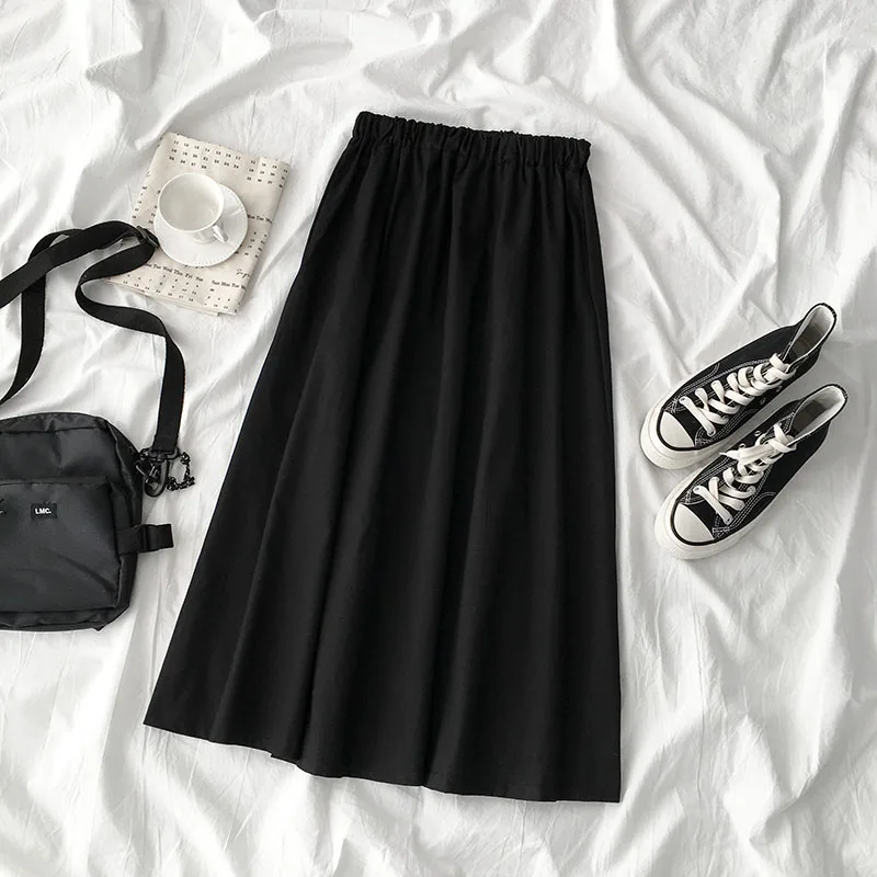 KYQIAO женская черная юбка mori девушки осень весна японский стиль свежий дизайн длинная черная Однотонная юбка миди юбка