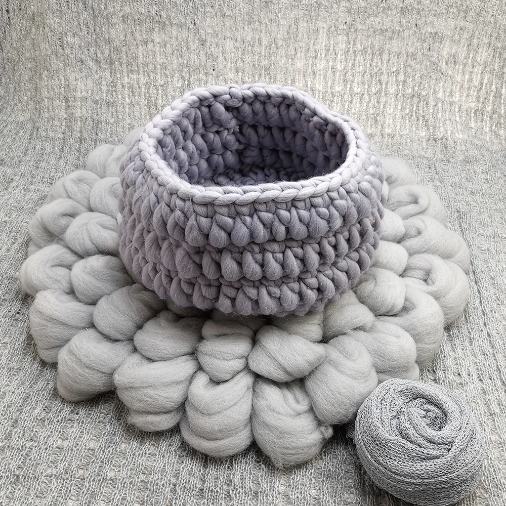

150x100CM Posing Layer Backdrop,Knitted Basket,Handmade Chunky Fluffy Wool Fleece Blanket for Newborn Baby Photography PropS