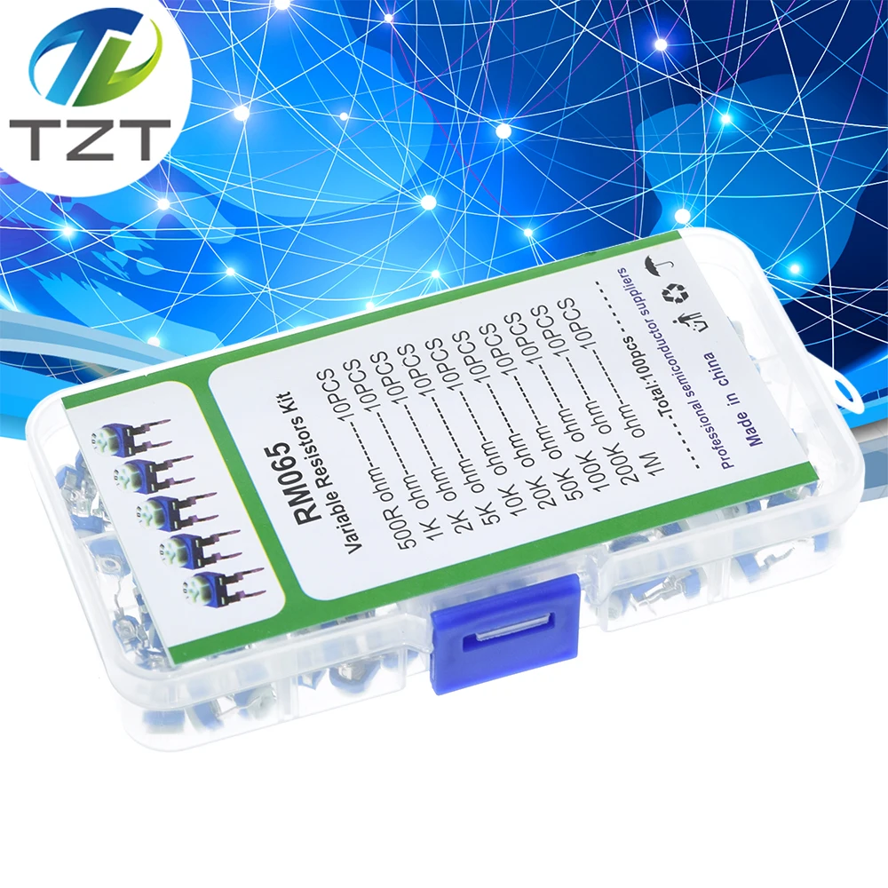 100Pcs/Box RM065 Carbon Film Horizontal Trimpot Potentiometer Assortment Kit 10 Values Variable Resistor 500R - 1M | Электронные