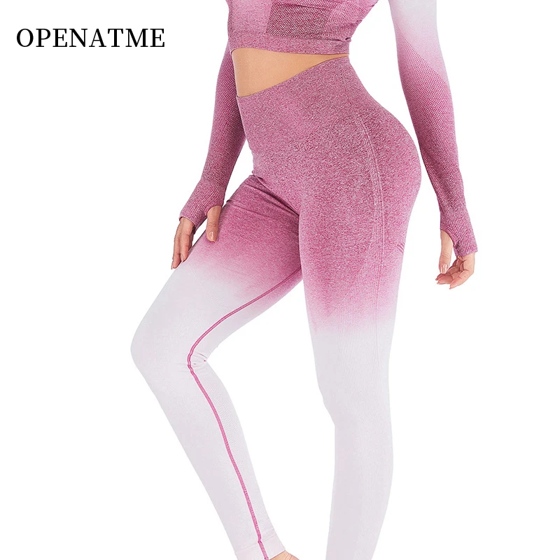 

OPENATME High Waist Seamless Multicolor Gradient Hips Leggings Sport Women Fitness Pants Running Yoga Pants